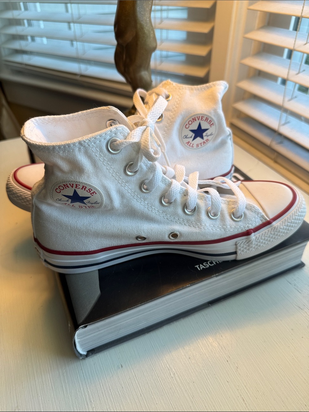 Converse White High Top Sneakers with Red & Blue Trim size 6